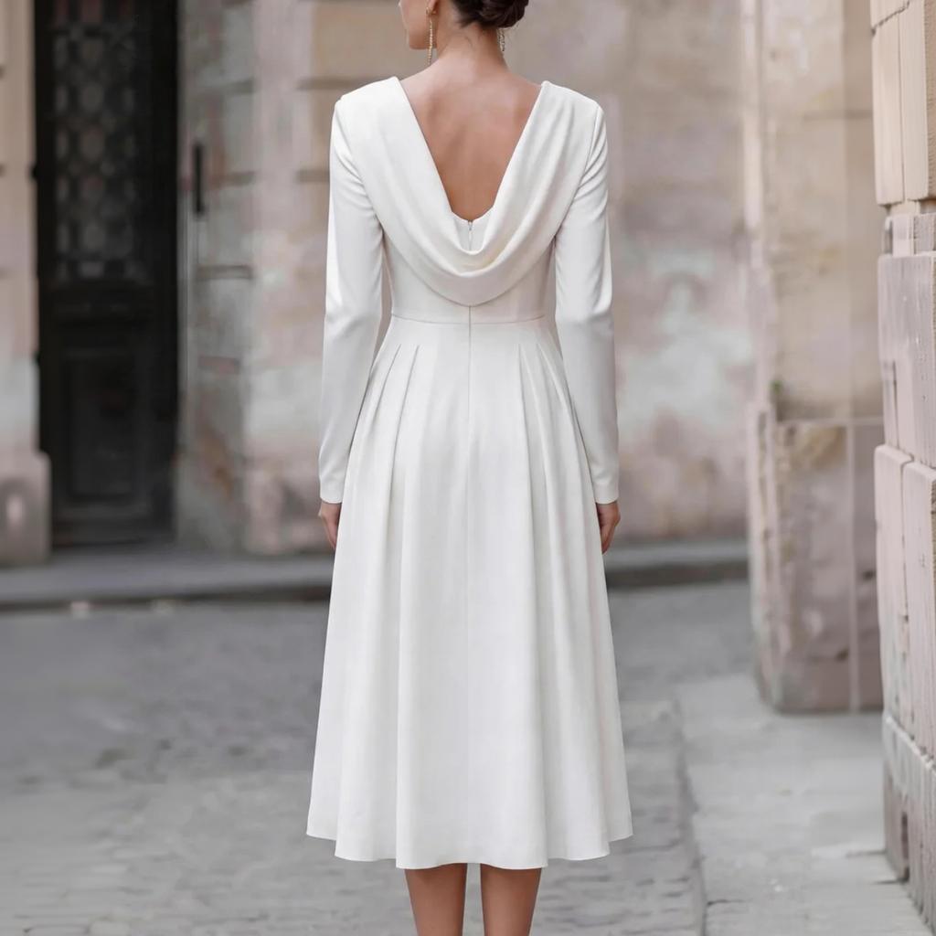 Damen Satin Langarm Midi Kleid mit Wasserfall-Ausschnitt und tailliertem Bund für Abendparty Formelle Anlässe