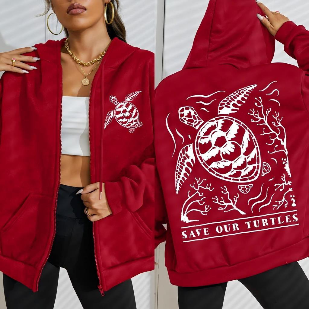 Save Our Turtles Ocean Creative Print Zipper Hoody Woman Fashion Fleece Clothings Casual Oversized Tops Hoodie