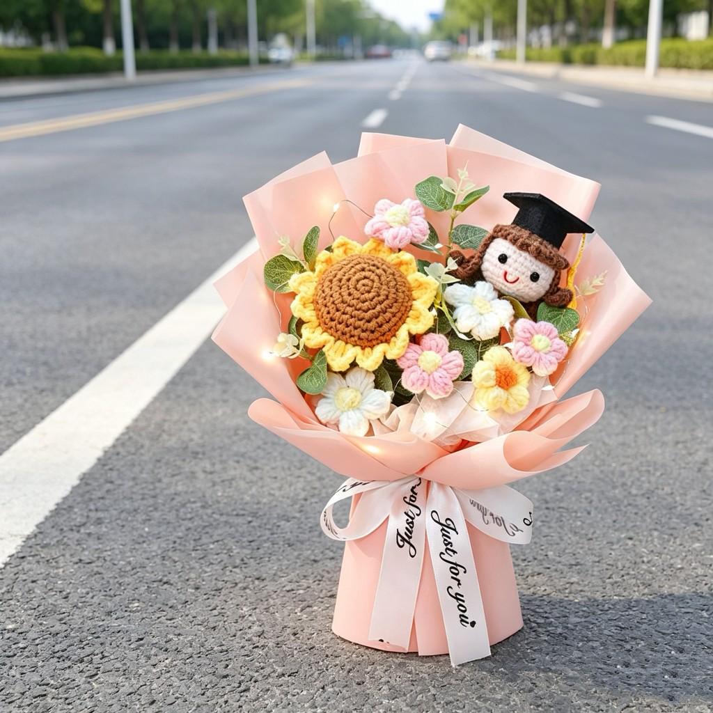 Handmade Knit Yarn Sunflower Bouquet for Graduation or Teacher's Day Gifts