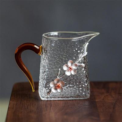 Hitzebeständige Glas-Teekanne mit Griff und 3D-Pflaumenblüten-Teetasse, transparentes Trinkgeschirr mit Hammermuster