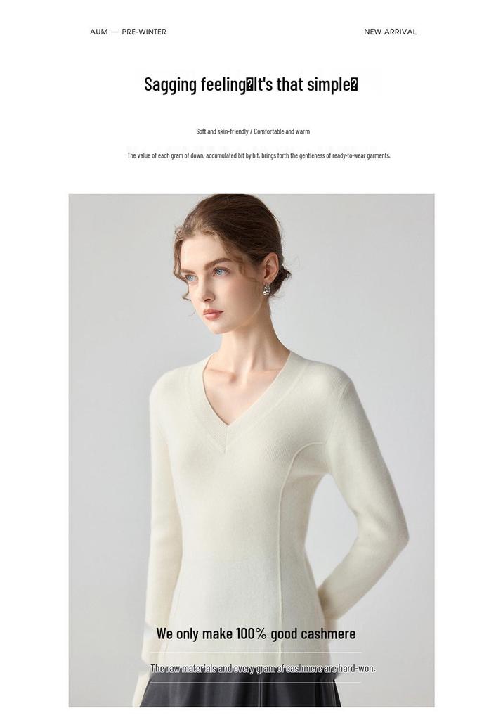 Autumn/Winter Women's V-Neck 100% Pure Cashmere Sweater - Long-Sleeve Knitwear