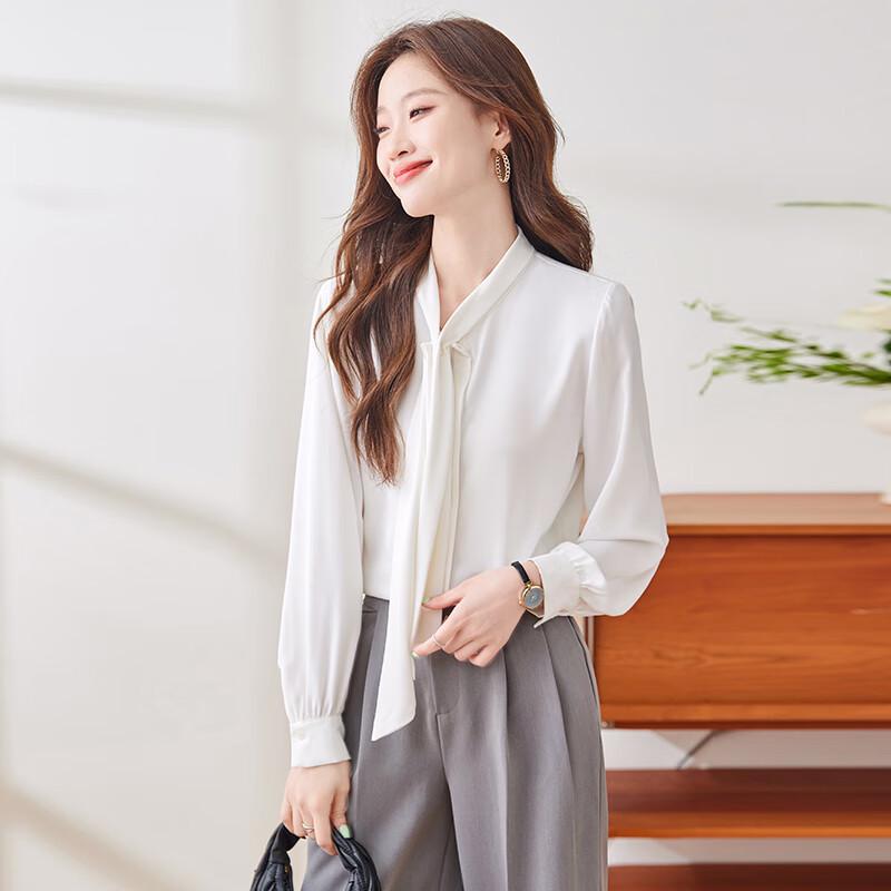 Women s French Style Bow Tie Satin Long Sleeve Blouse M