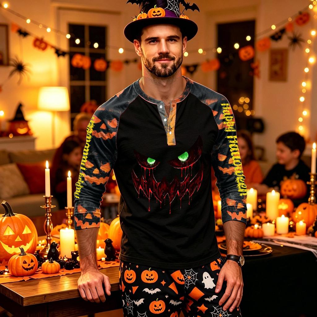 Men's Long Sleeve Shirt with Halloween Print Pattern for Casual Wear