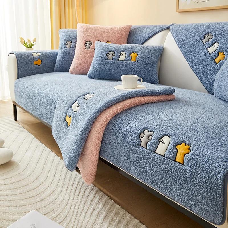 Winter Lamb Wool Sofa Towel Thicken Warm Plush Soft Smooth Sofa Mat Covers for Living Room Solid Color Anti-slip Couch Cover