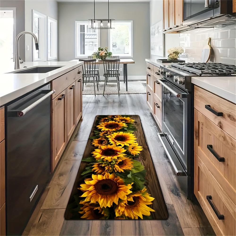Sunflower Print Kitchen Runner Rug, Non-Slip Absorbent Floor Mat with Rustic Wood Grain, Washable Sunflower Decor for Kitchen