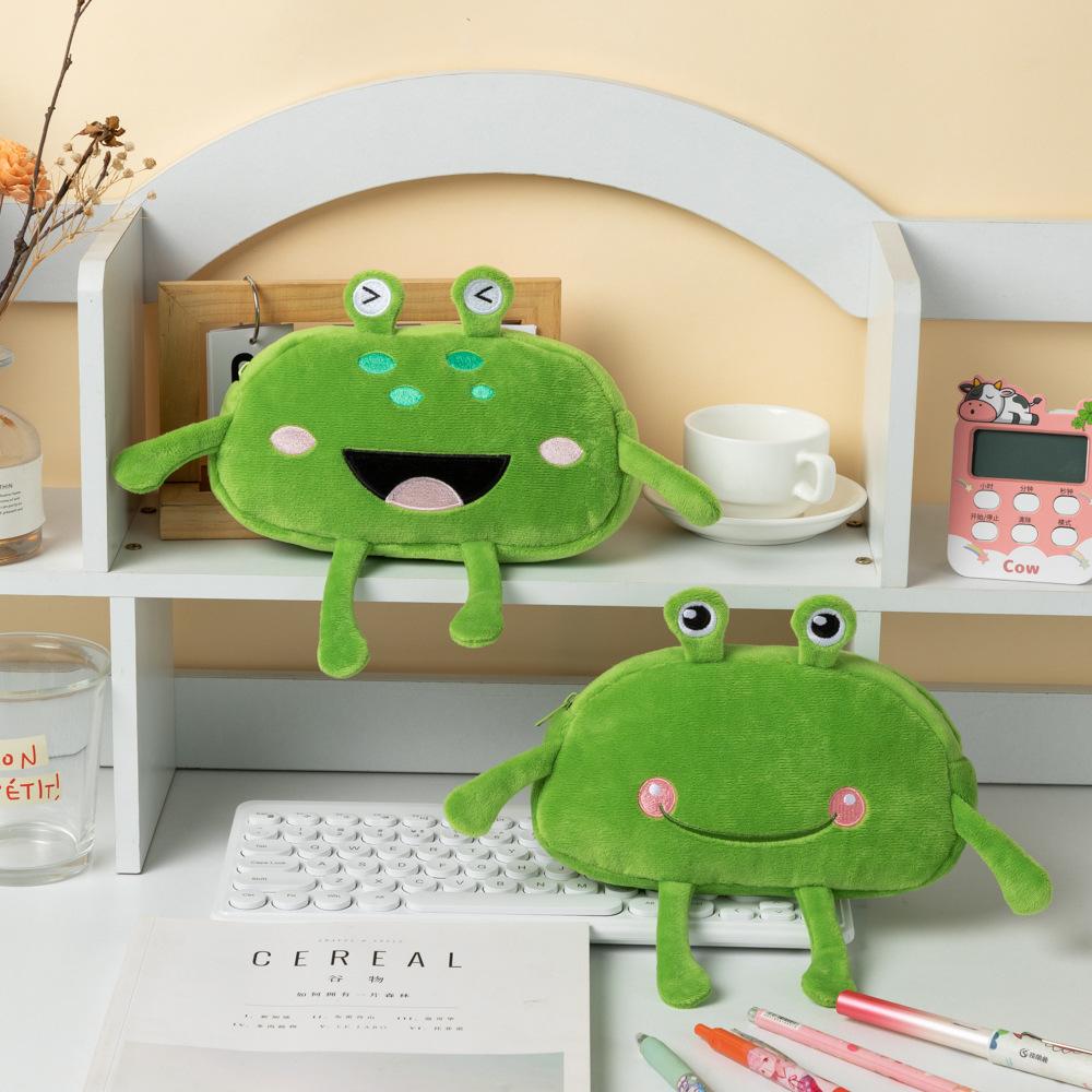 Green Frog Pencil Case Big Eyes, Big Mouth Soft Plush Pencil Case Fluffy Surface Zippered Pencil Case Pencil Case