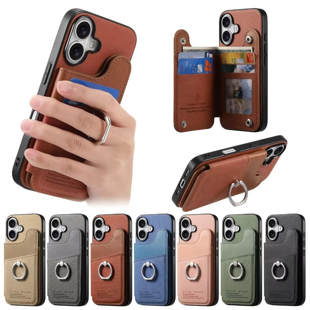 Etui na telefon z klapką i uchwytem na kartę, blokujące RFID, do iPhone'a 16 E 16 15 14 Plus 13 12 11 Pro Max, skórzany uchwyt na pierścień