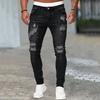 Men Jeans Ripped Holes Slim Fit Soft Breathable Button Zipper Closure Mid Waist Color Matching Hip Hop Streetwear Men Long Pants