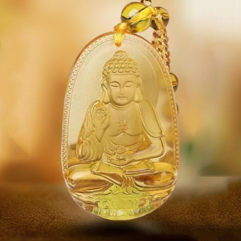 Yellow Crystal Necklace Long Sweater Chain Manjushri Pendant Amitabha Pendant Unisex Gift