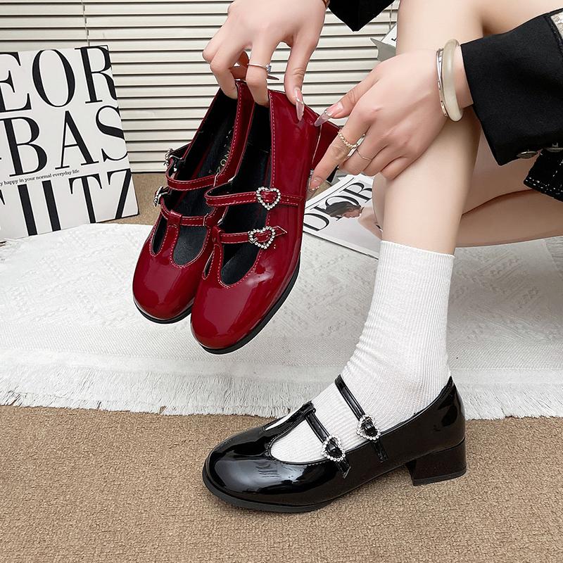 Fashion Spring Autumn Women Double Buckle Mary Janes Shoes Patent Leather Dress Lolita Shoes High Heels Pumps Retro Ladies tabi Shoes