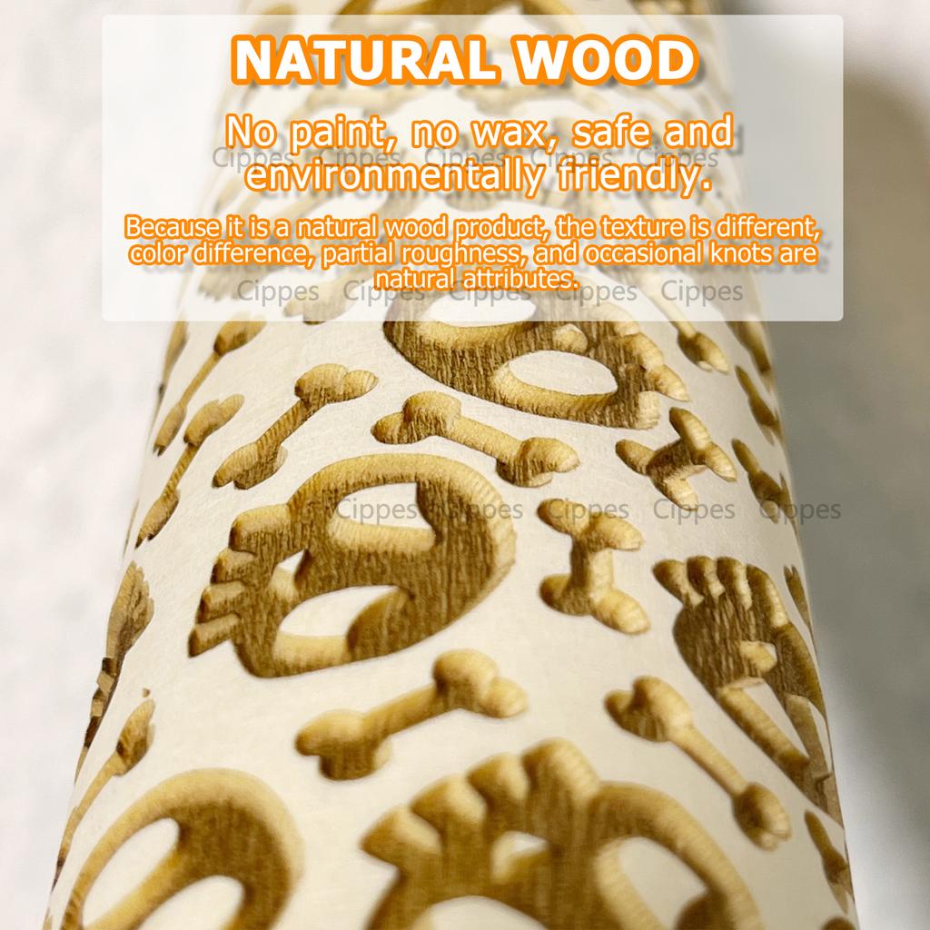 Halloween Rolling Pin with Pumpkin Skull Ghost, Wooden Embossed 3D Cookie Mold Laser Engraved DIY Baking Tools Dough Roller