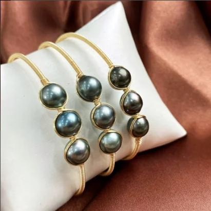 DIY Custom Bangle 8-9mm Tahiti Sea Pearl Adjustable Bangle for Women Jewelry Gift
