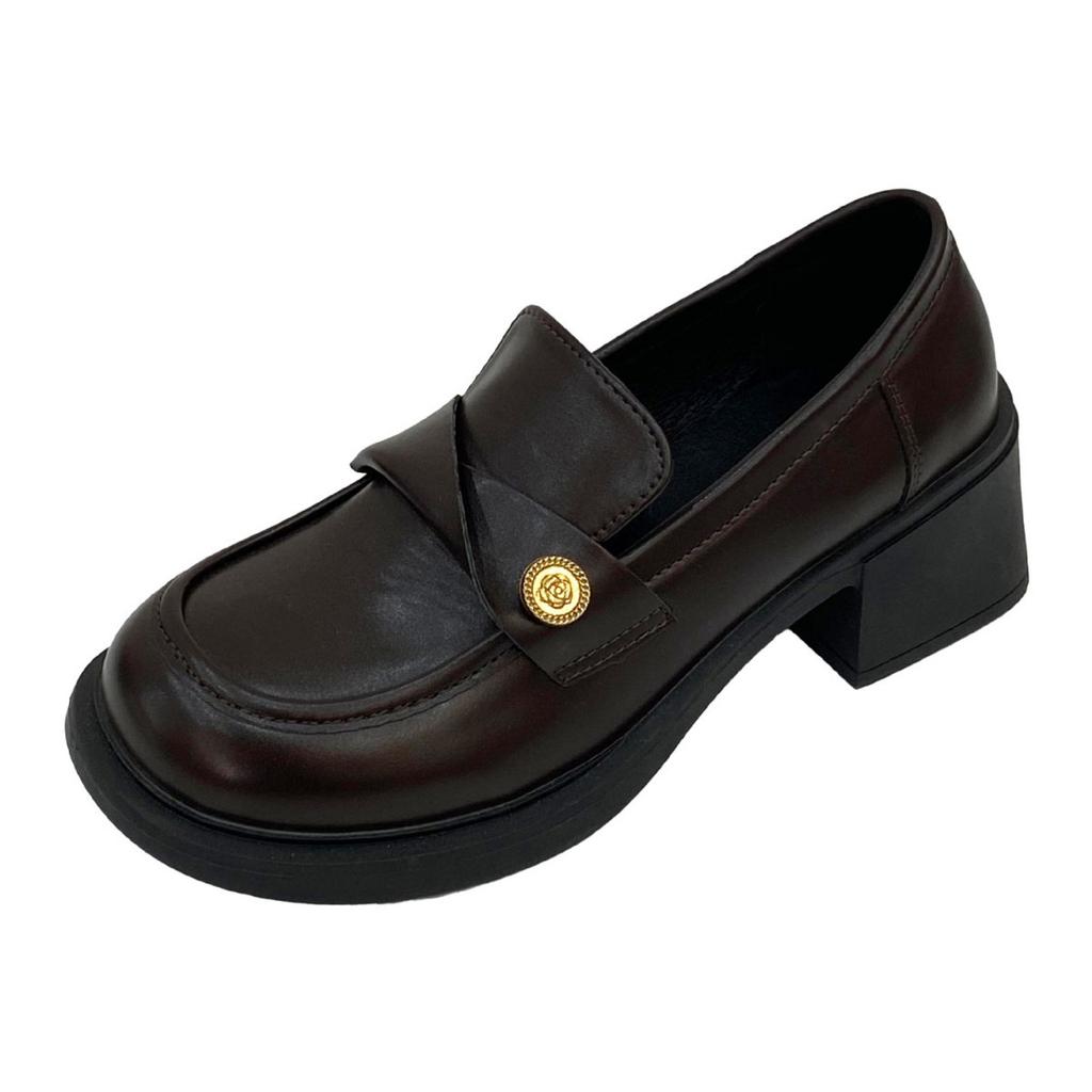 Retro versatile round head one-pedal brown platform small leather shoes women's autumn and winter 2025 new French thick-heeled loafers