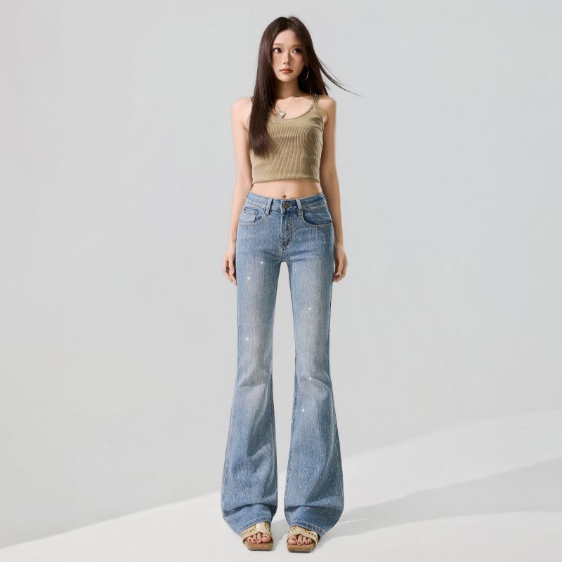 Spring Summer Full Star Rhinestone Bamboo Texture Vintage Mid Low Waist Micro Flare Elegant Denim Pants Women Casual Pants Oversize Denim Trousers
