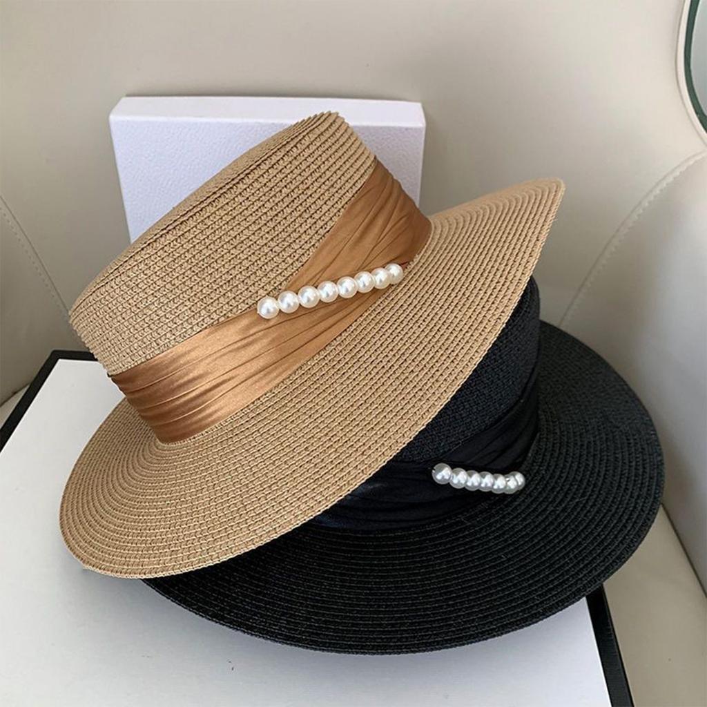 Women Sun Protection Hat Wide Brim Straw Hat with Pearl Decoration Adjustable Band Beach Hat for Outdoor Summer Sunshade