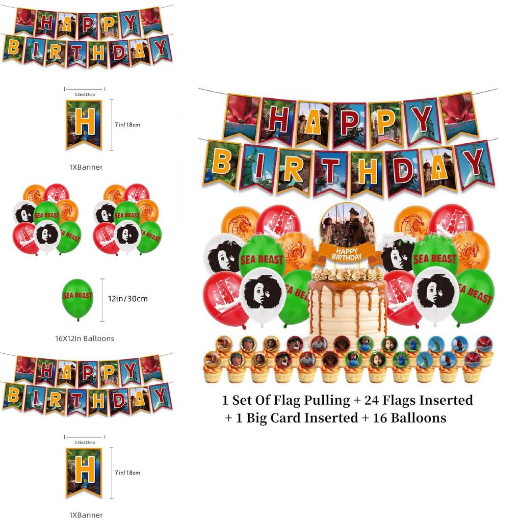 Das Seeungeheuer Geburtstagsparty Deko-Set mit Luftballons und Flaggen
