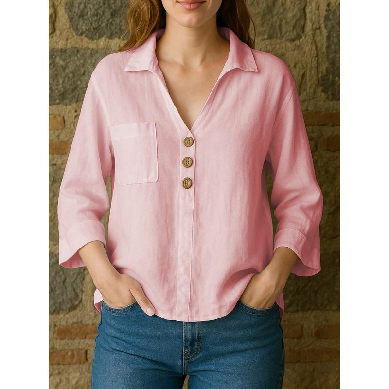

2025 Women s New Stitched Lapel Button Fashion Solid Color Loose and Versatile Casual Shirt S розовый
