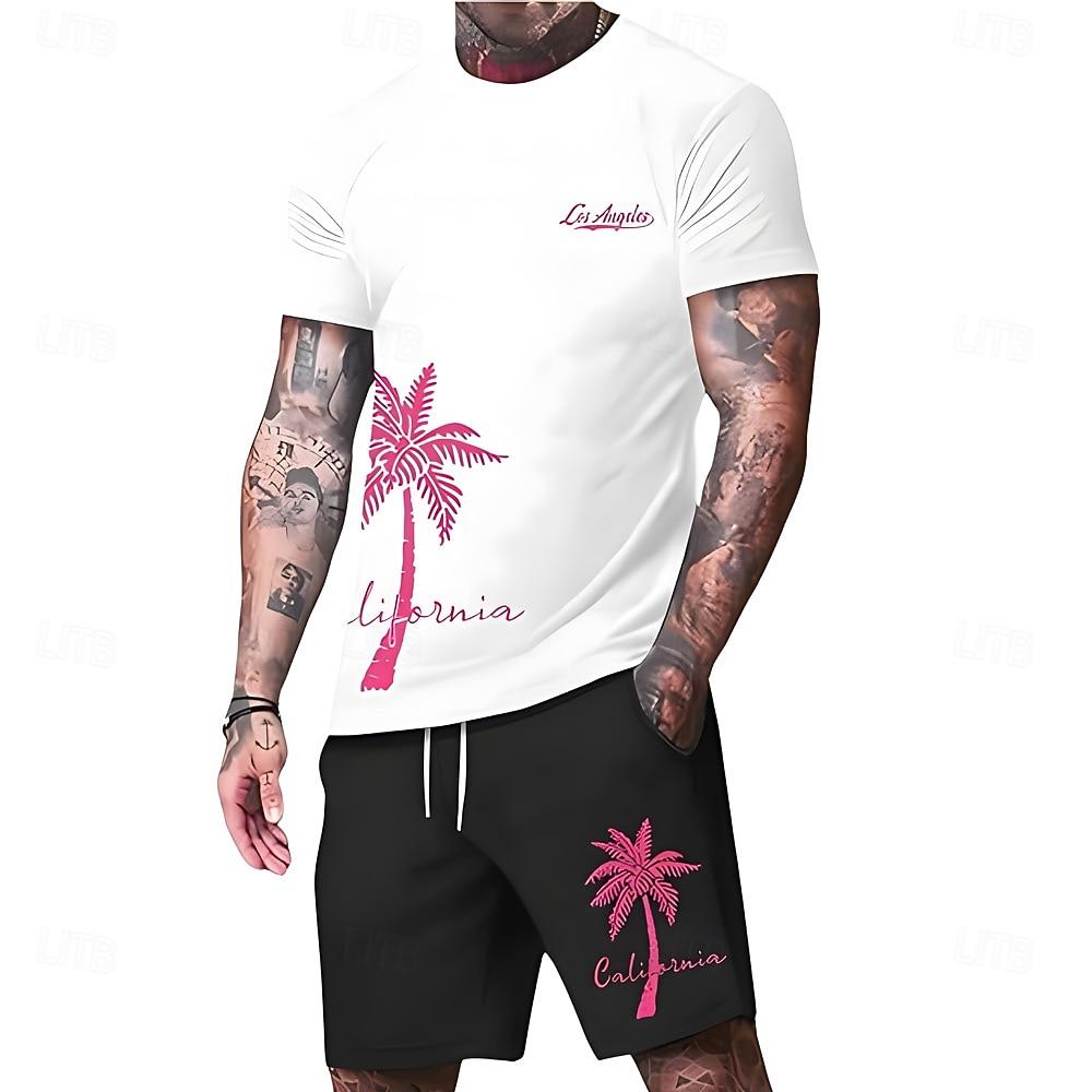 

Men s Palm Tree 2-piece T-shirt Summer Top Short Sleeve Shorts Round Neck Sportswear Set S