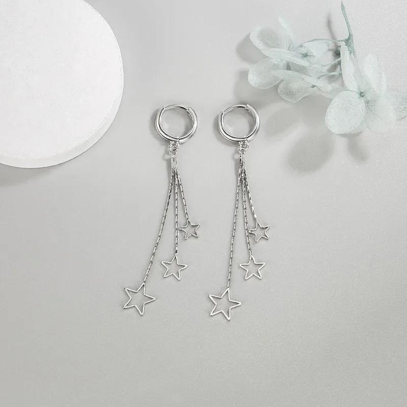 Silver Earrings Long Three Star Earrings Ladies Fashion Simple Birthday Party Wedding Anniversary Jewelry Gift