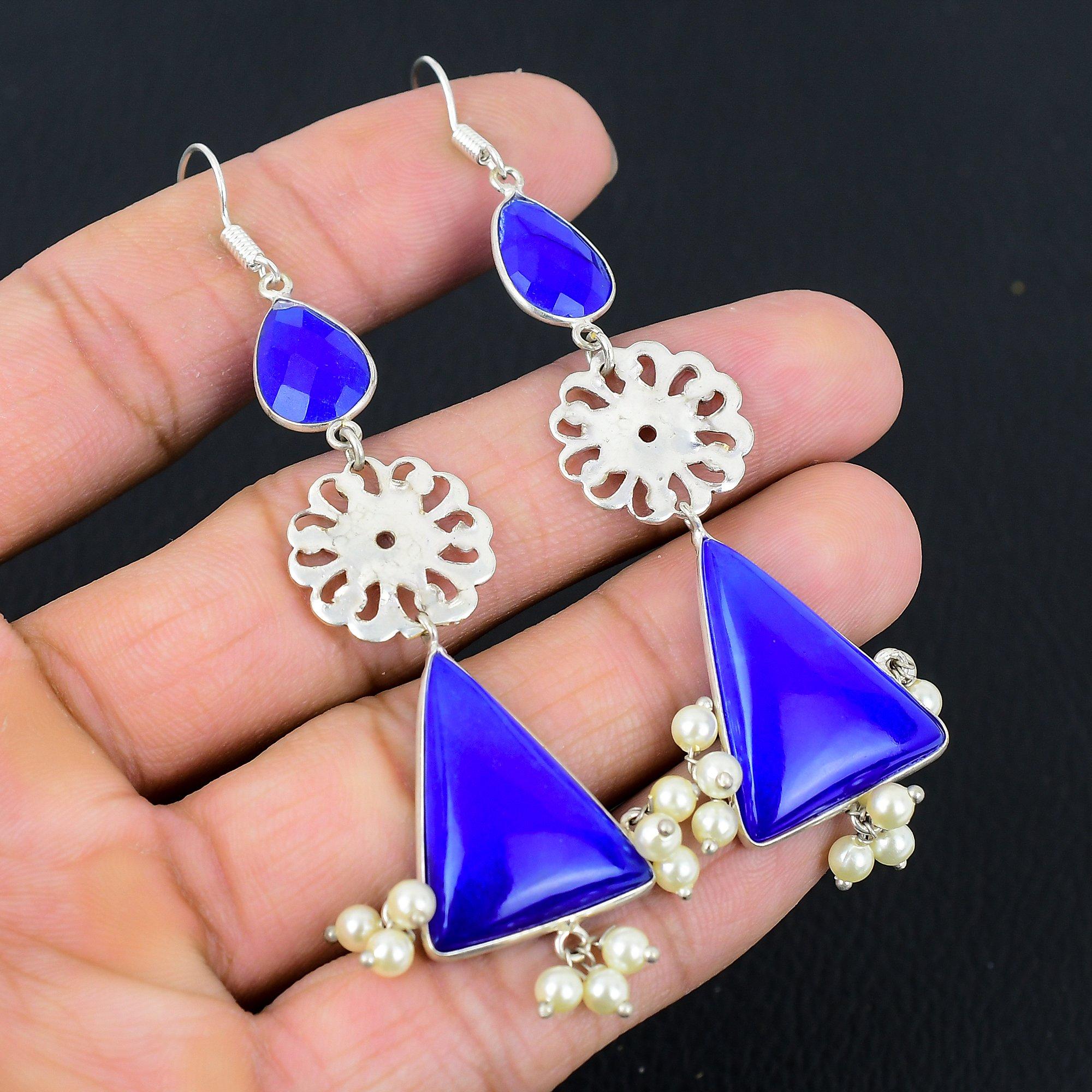 

Third Eye Chakra Blue Sapphire Gemstone Dangle Drop Earrings 925 Sterling Silver