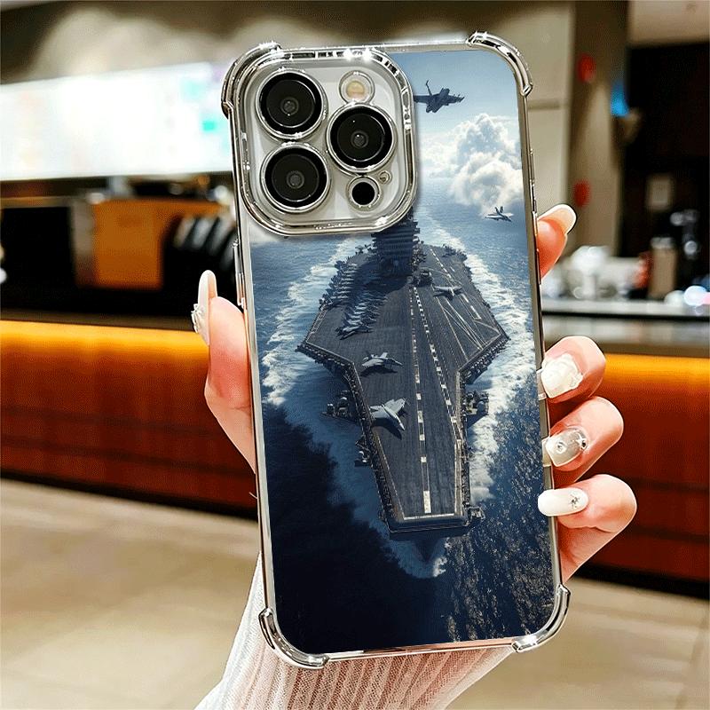 Warship Fighter Aircraft Carrier Soft Phone Case For iPhone 15 16 17 Air 14 Pro Max 16E Plus 13 12 Mini Plating Anti-Fall Fundas