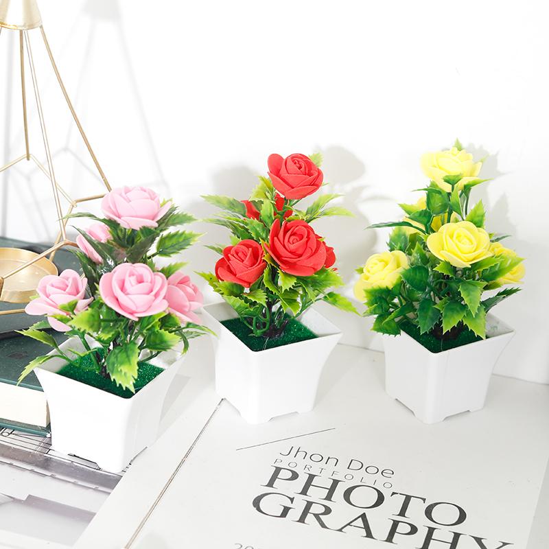 Artificial Plants Small Bonsai Home Christmas Wedding Decoration Fake Flowers Rose Potted Ornament Office Garden Desk Accessory