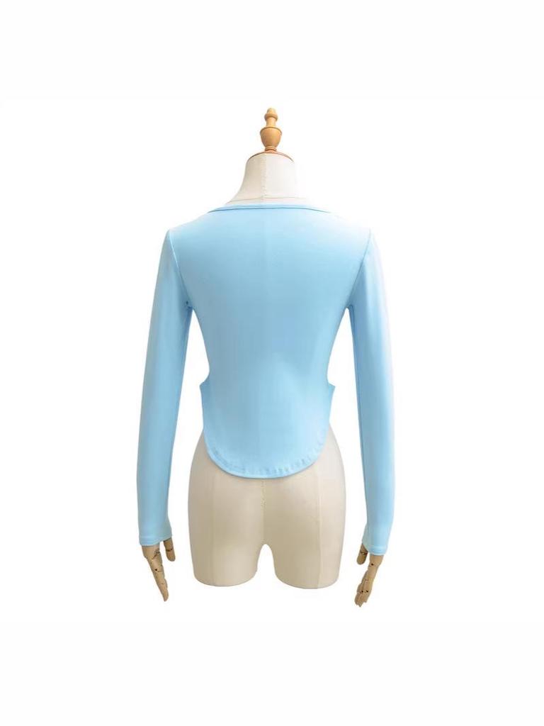 Spicy Girl Square Neck Cinched Waist Long Sleeve T-Shirt for Women - Spring/Autumn Base Layer, High Waist, Curved Style Top