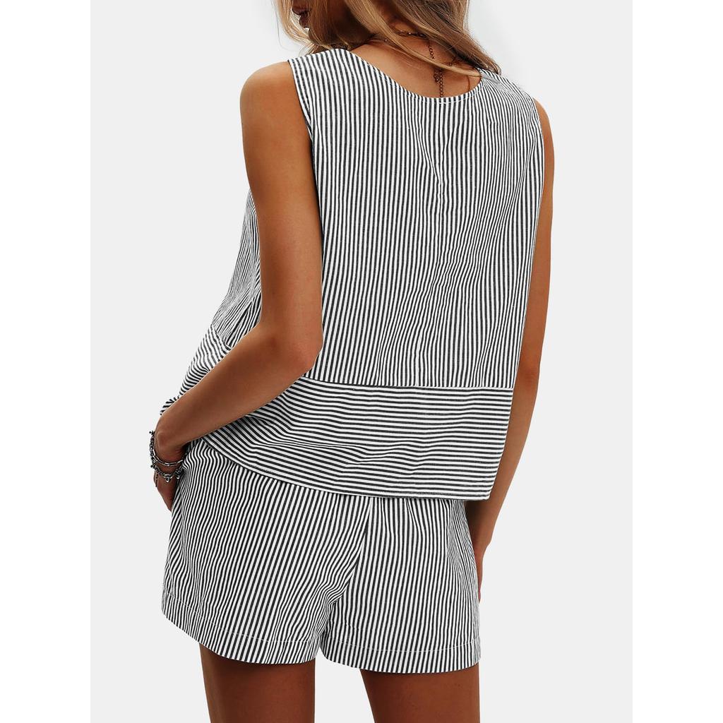 Women's Summer 2 Piece Outfits Sleeveless Tank Top Matching Shorts Sets Striped Sweatsuits