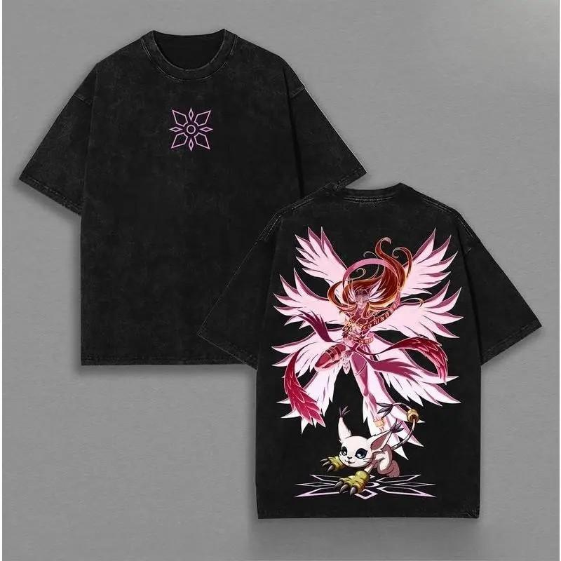 Angewomon Digimon Adventure T-shirt Anime Vintage Washed Oversized Tshirt Men's Clothing Short Sleeve Cotton Tops