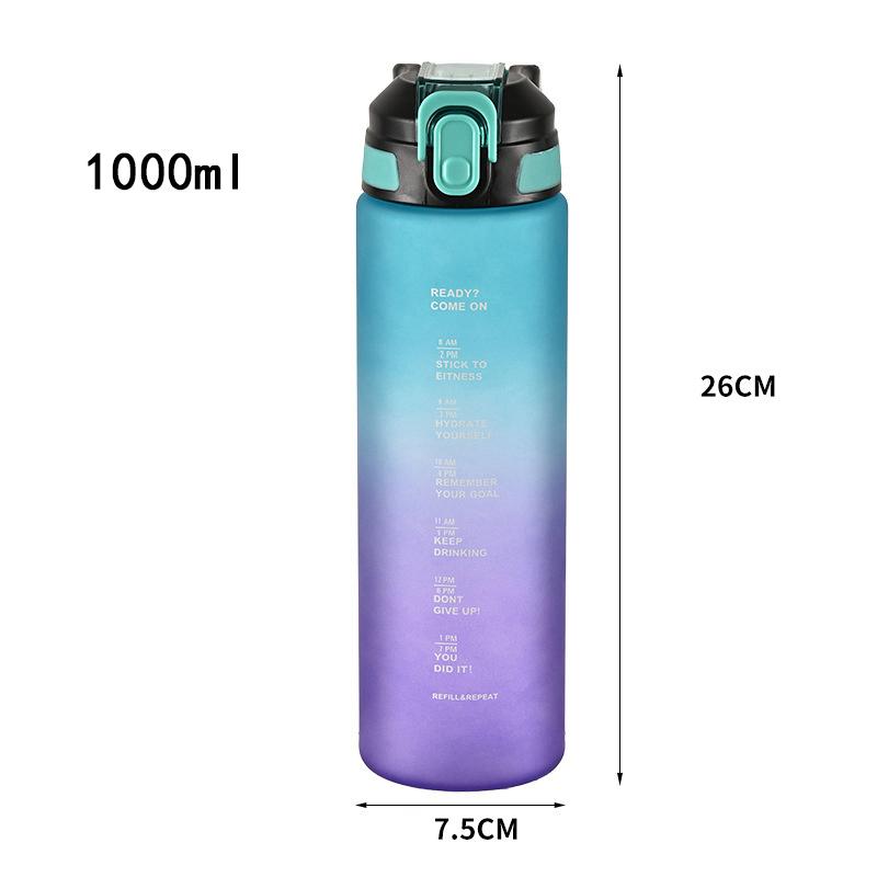1000ml Gradient Matte Sports Water Bottle, Flip Straw Cup with Time Marker, Large Portable Plastic Jug for Fitness & Outdoor