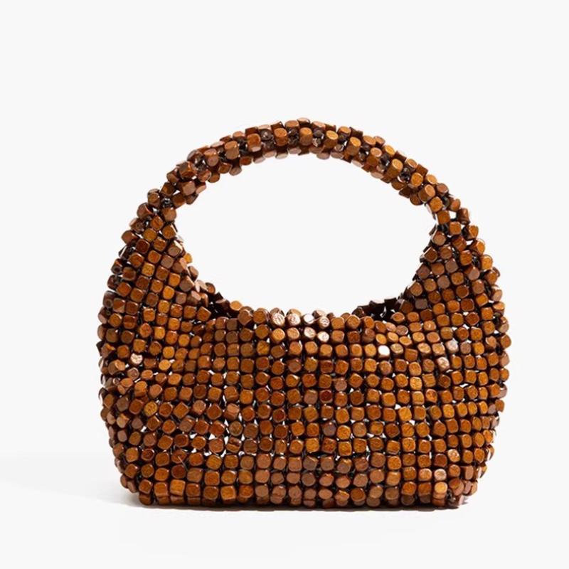 

Wooden Beaded Woven Dumpling Bag Women Summer Handmade Crossbody Bag Casual Beach Shoulder Bag Minimalist Design Travel Handbag коричневий