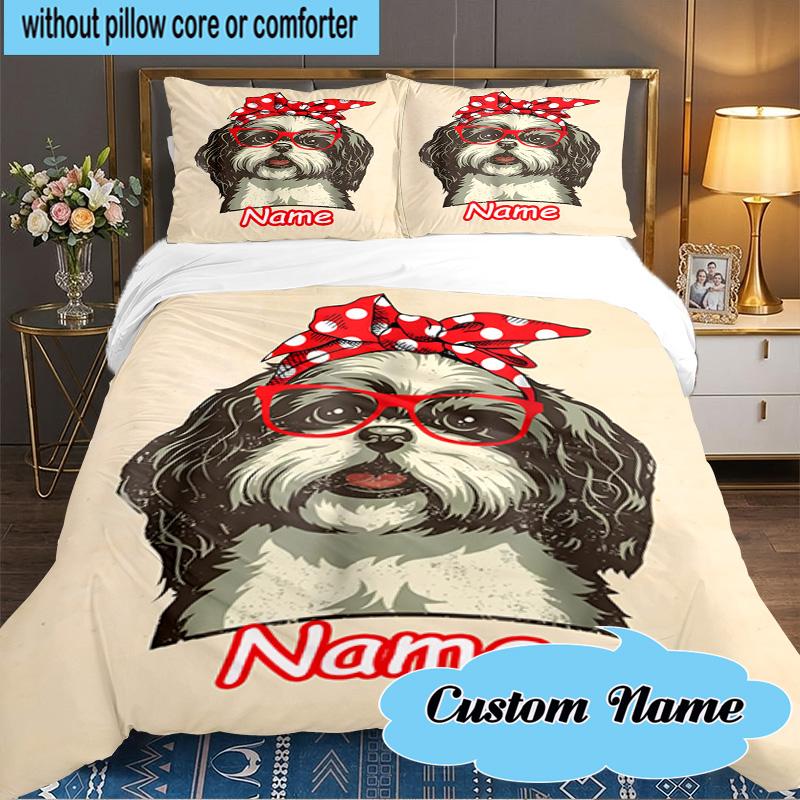 Custom Name 3PCS Vintage Dog Portrait Art Bedding Set Including 1pc Duvet Cover And 2pcs Pillowcases for Bedroom, Dormitory Gift Home Decor