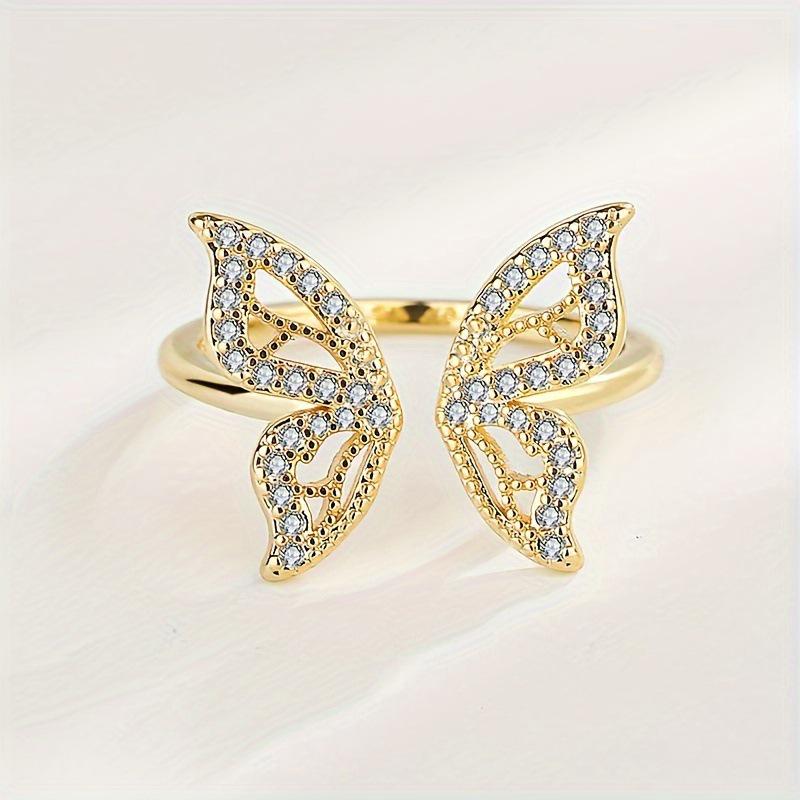 Stylish Copper Butterfly Ring with Rhinestone Zirconia Inlay