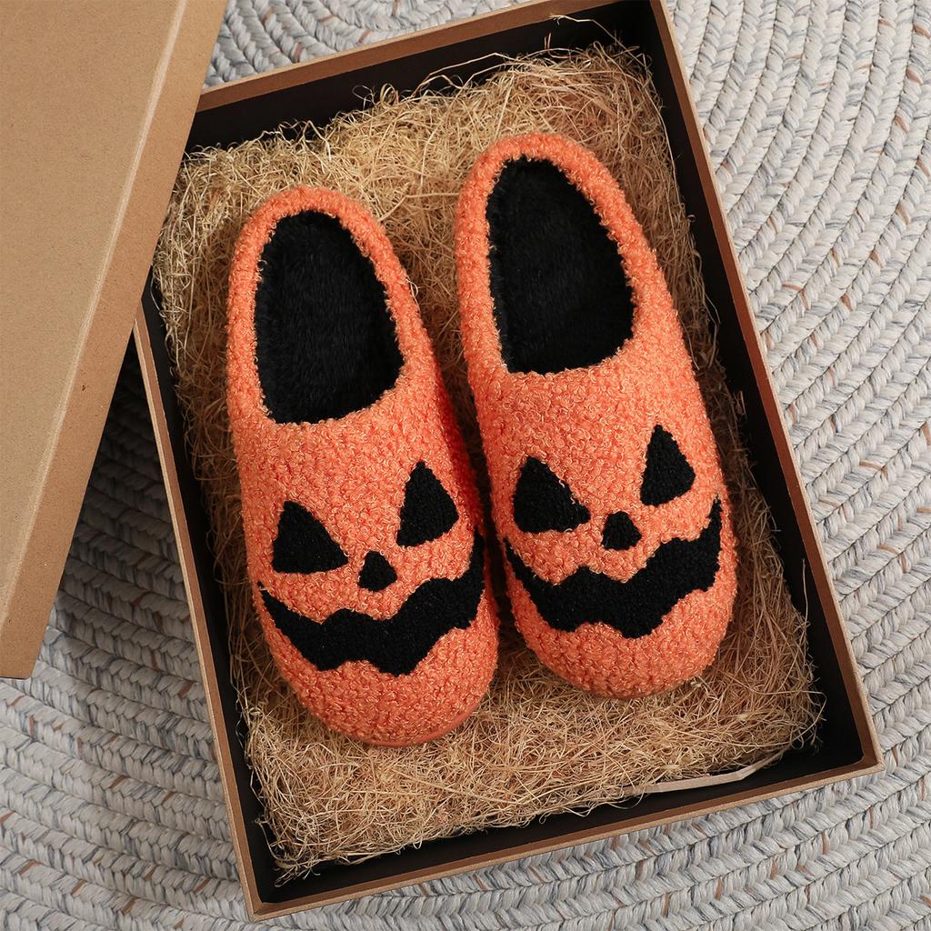 Women's Halloween Pumpkin Embroidered Winter Cotton Slippers