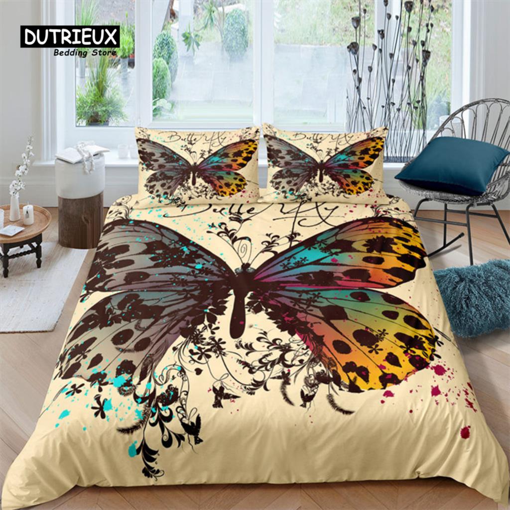 Soft Butterfly Bedding Set Microfiber Leopard Print Background Duvet Cover Set For Adult Bedroom Decor As Greetings and Presents