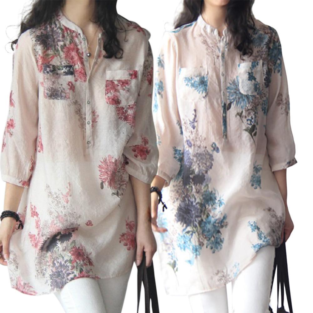 Buy Plus Size Blouse O-neck Button Tops Women Cotton Linen Floral Print ...