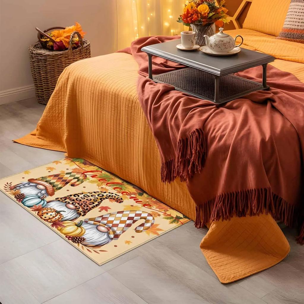 Thanksgiving Gnome Welcome Mat, Autumn Pumpkin Design Non-Slip Indoor/Outdoor Doormat, Bedroom Entrance Rug, Home Decor