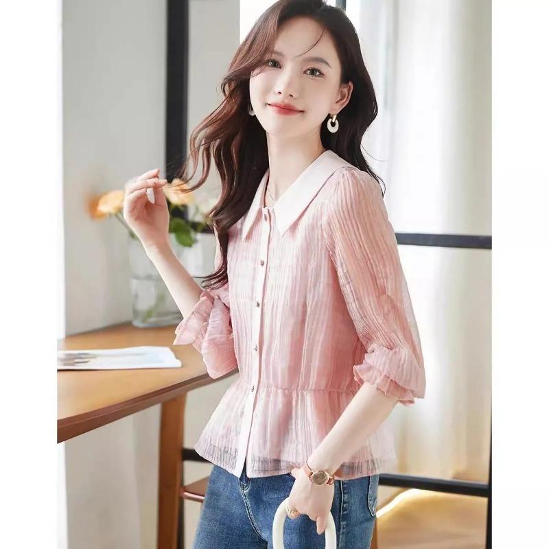 Spring Women's Chiffon Blouse Contrast Collar Ruffle Sleeve Peplum Top