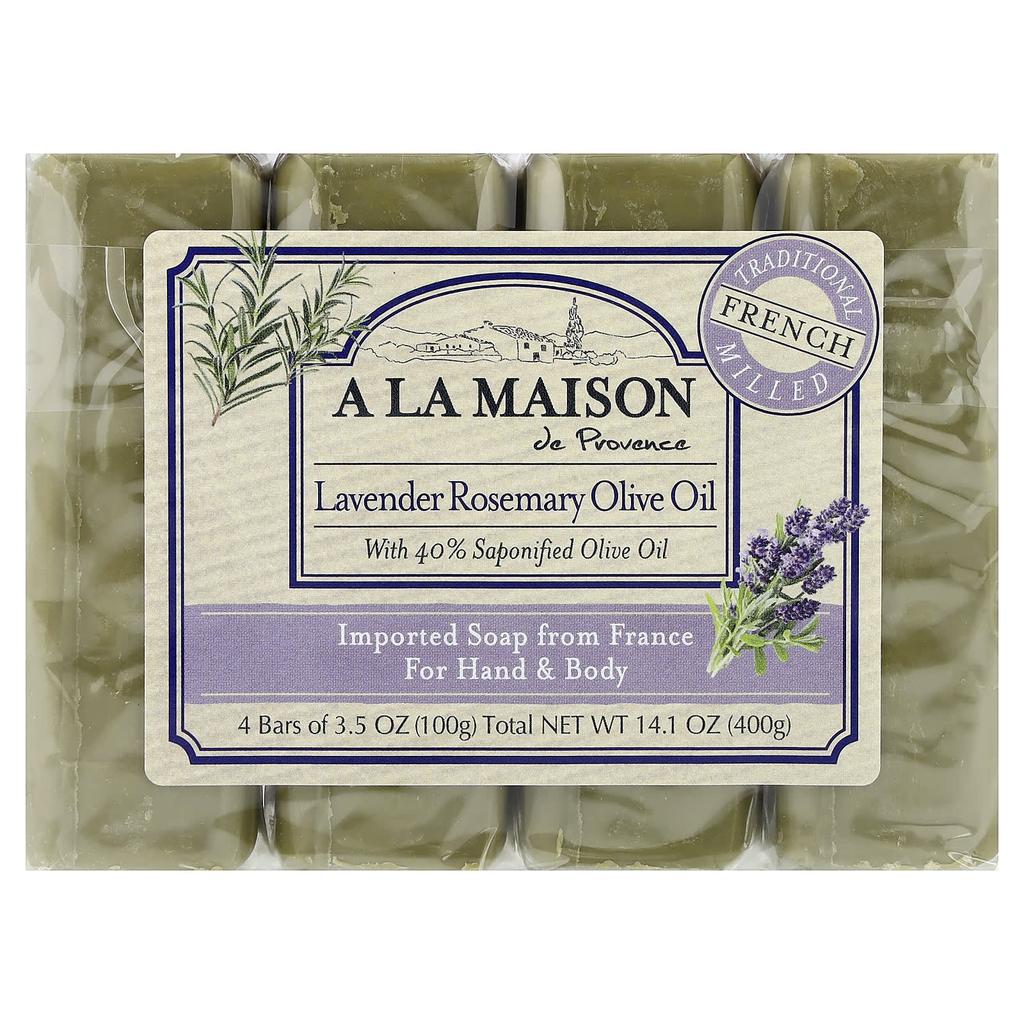 A La Maison de Provence, Hand and Body Solid Soap, Lavender Rosemary Olive Oil, 4 Bars, 100g (3.5oz) Each