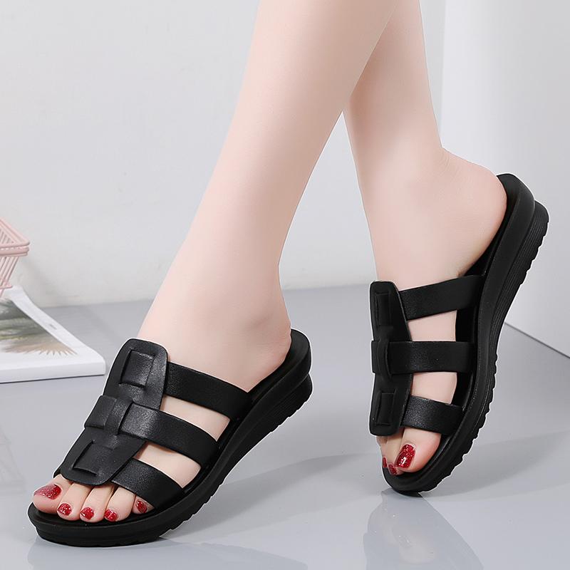 Summer  Women's Sandals Leather Solid Slope Heel Home Sandals Mom's Shoes Soft House Slippers