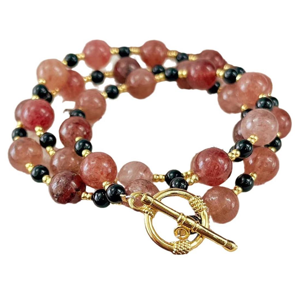 Retro High-Grade Natural Strawberry Crystal Natural Black Agate Sweater Chain Collarbone Chain Necklace