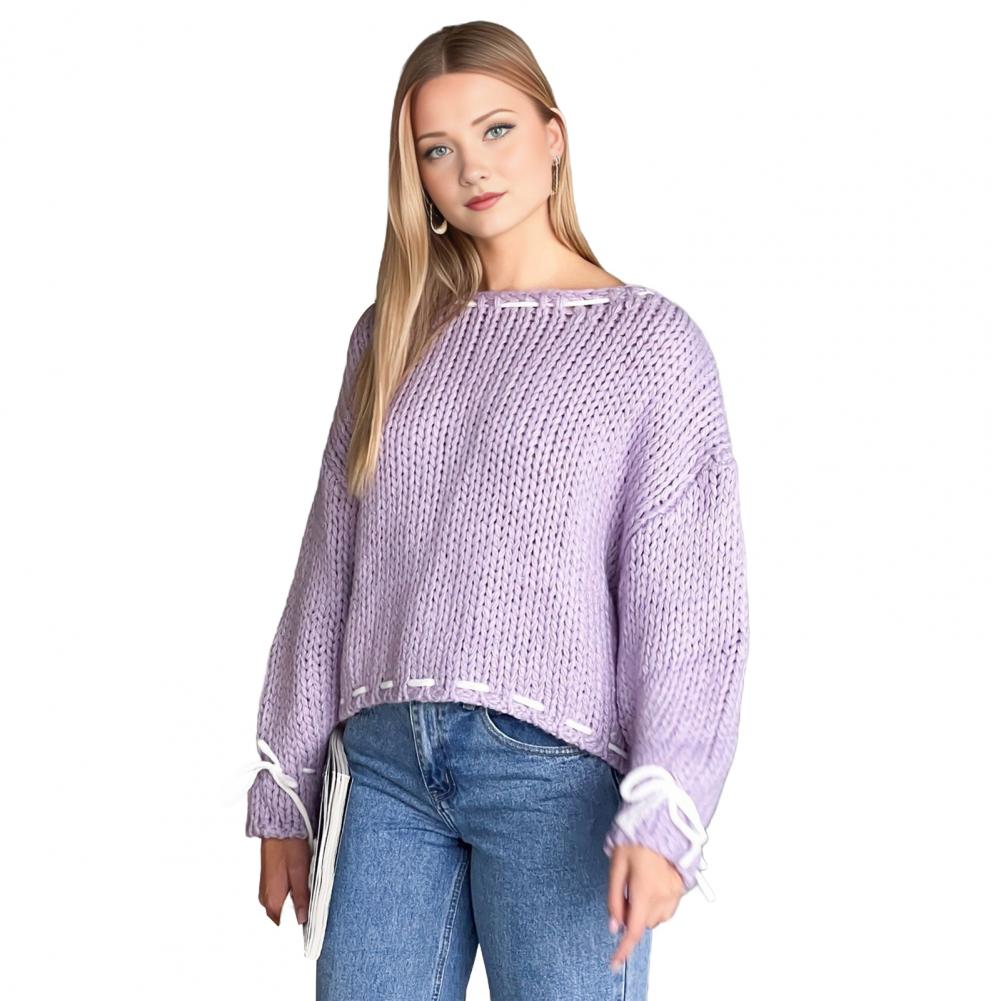 

Женский свитер с круглым вырезом и длинным рукавом, трикотажные топы, однотонные, со шнуровкой и бантом, свободный крой, эластичный трикотаж S фиолетовый