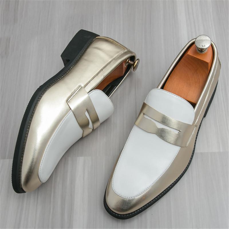 Luxury Designer New Gold Silver Mixed Patent Leather Casual Shoes For Men Penny Loafter Formal Wedding Dress Homecoming
