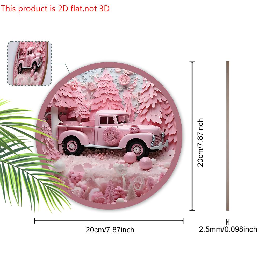 Pink Christmas Wooden Sign with Pickup Truck Pattern - Navidad Round Sign for Front Door, Yard, Wall Hanging Decor - Ideal Christmas Gift