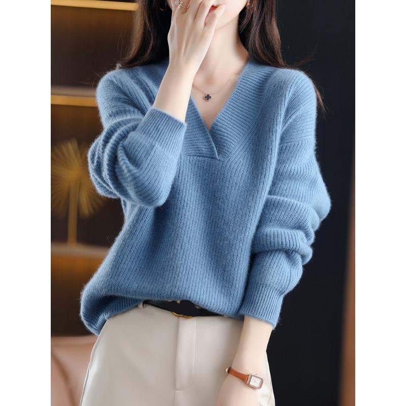 Autumn and Winter New V-neck Pullover Sweater Women's Fashion Loose Simple Knitted Thickened Tops Elegant Casual Solid Color Office Clothing