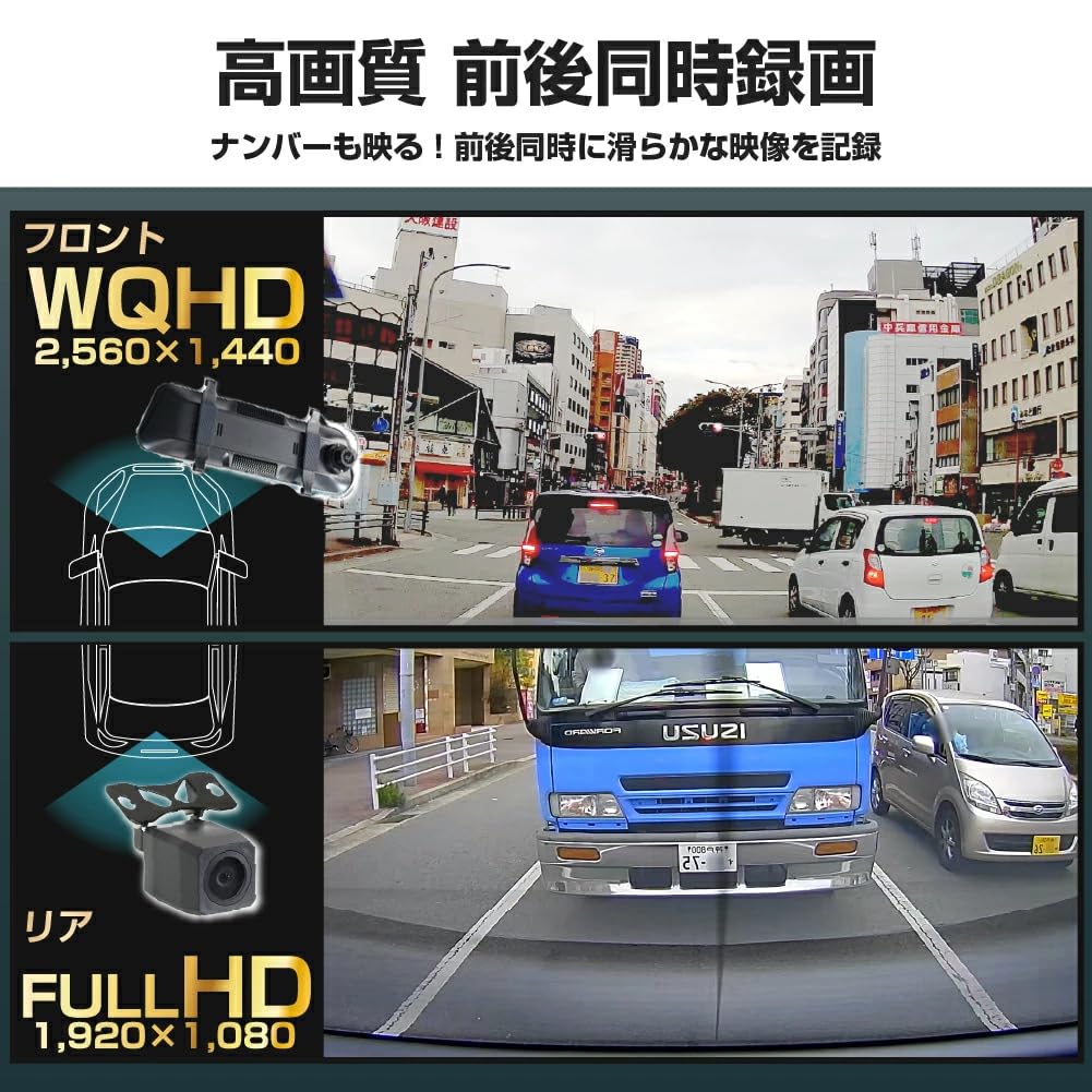 Dashcam with Front and Rear Backup Parking and Integrated Touchscreen for Japanese Compatible with 12V and 24V Rearview Mirror-type Cameras,