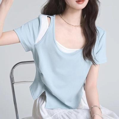 C's Fake Two-piece T-shirt Irregular Splicing Design Famale T-shirts Fashion Daily Lady Short Sleeved Pullover Top