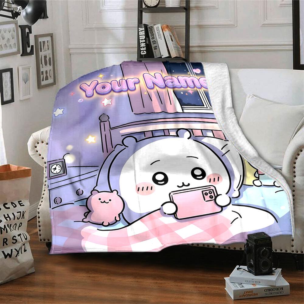 1pc Chiikawa Blanket with Custom Name, Gift, for Men and Women, Soft Blanket, Good for Sofa Bed Couch Travel, Lightweight Flannel Blanket