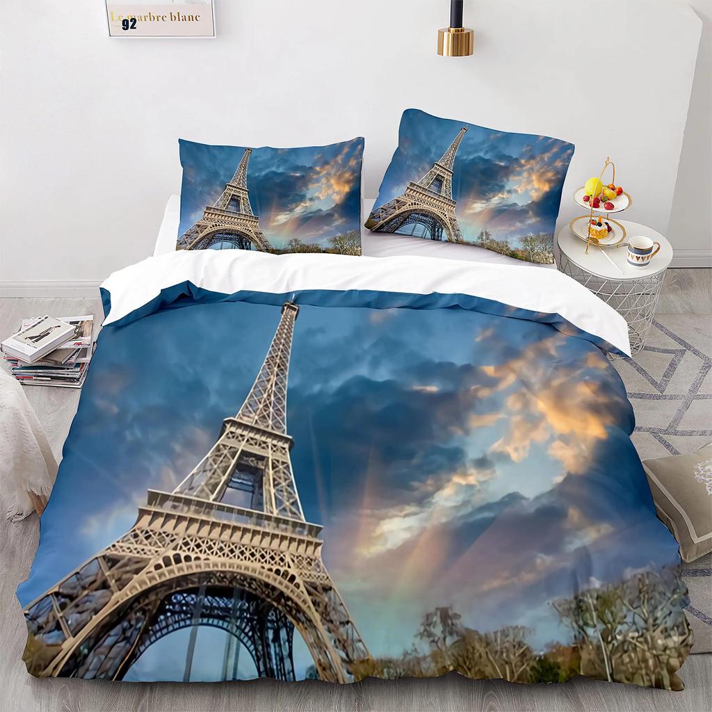Eiffel Tower Duvet Cover Set King Size Paris Cityscape Twin Bedding Set Modern French Style Polyester Comforter Cover Boys Girls