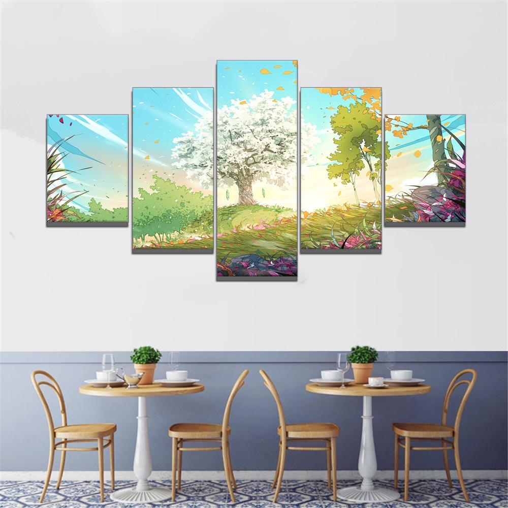 5-delt hjemmeinnredning hd-maleri Vakker kunst høstløv veggmaleri Kunstmaleri plakat anime Studie Soverom Bar Cafe Vegg Ingen ramme